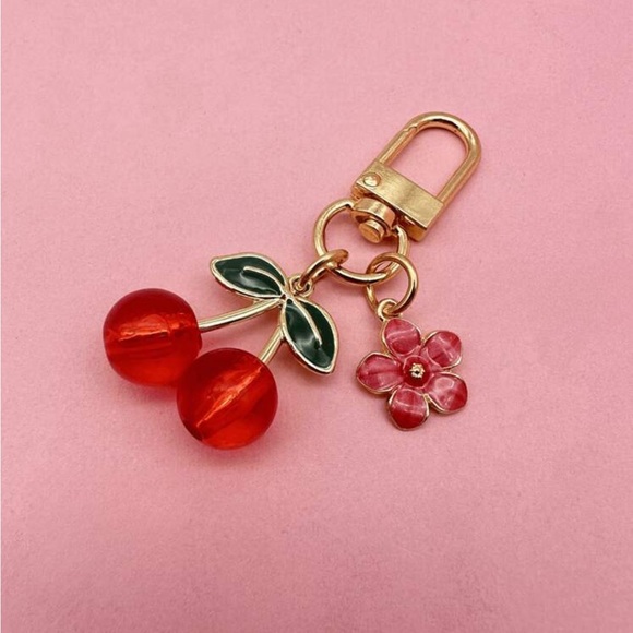 Cherry  Bag Charm Keychain 🍒 with Gold Hardware & Pink Flower  🌸 NWT - Picture 2 of 4